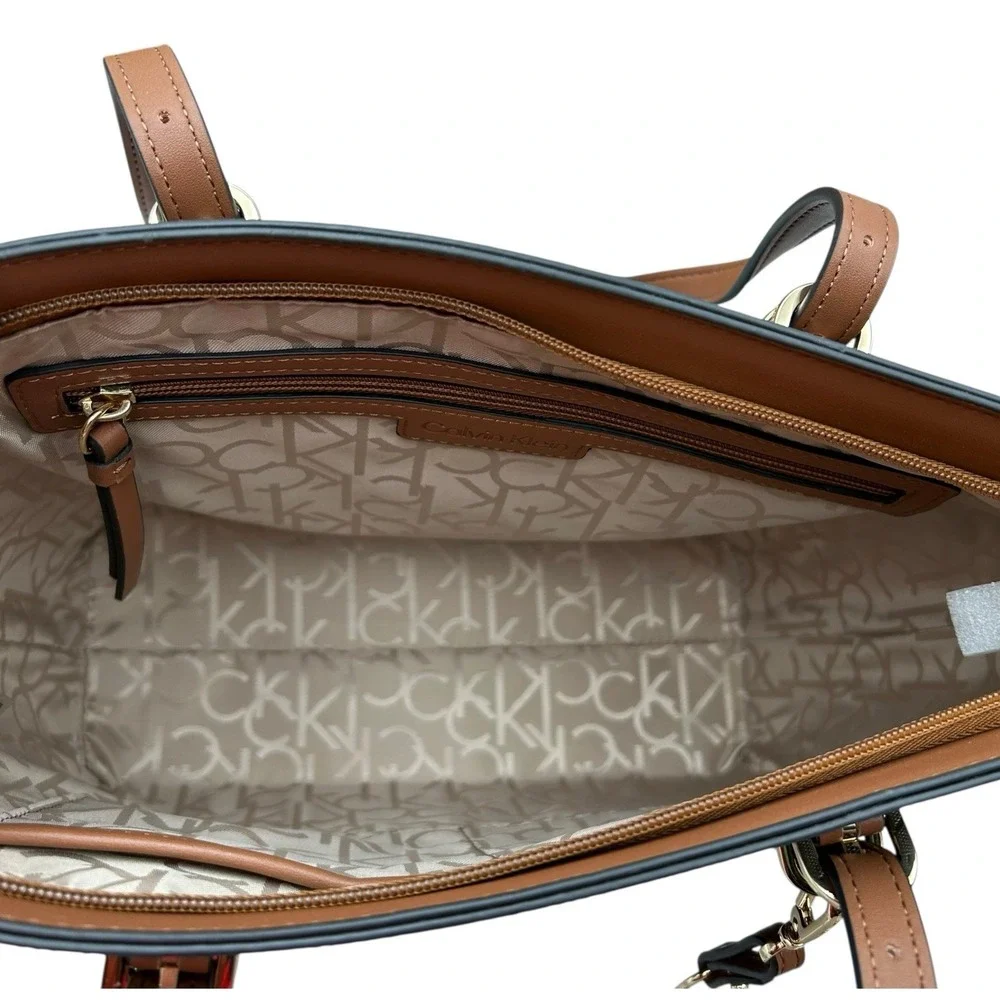 Calvin Klein Serafina Signature Tote Handbag Brown Jacquard Print 15.5x10.5x4.5